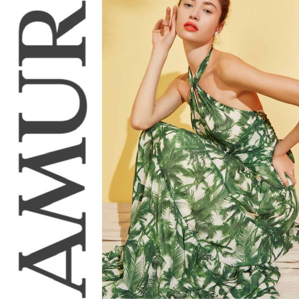 AMUR Ellis Tiered Dress Loulu Palm Tree Print Size 6